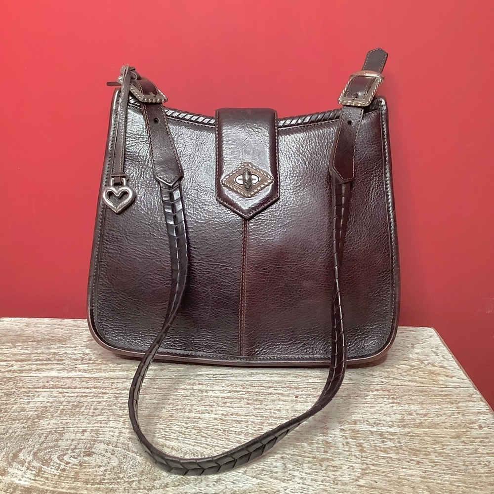 BRIGHTON Mahogany Pebbled Vintage Turn Lock Shoulder Bag Braided Strap